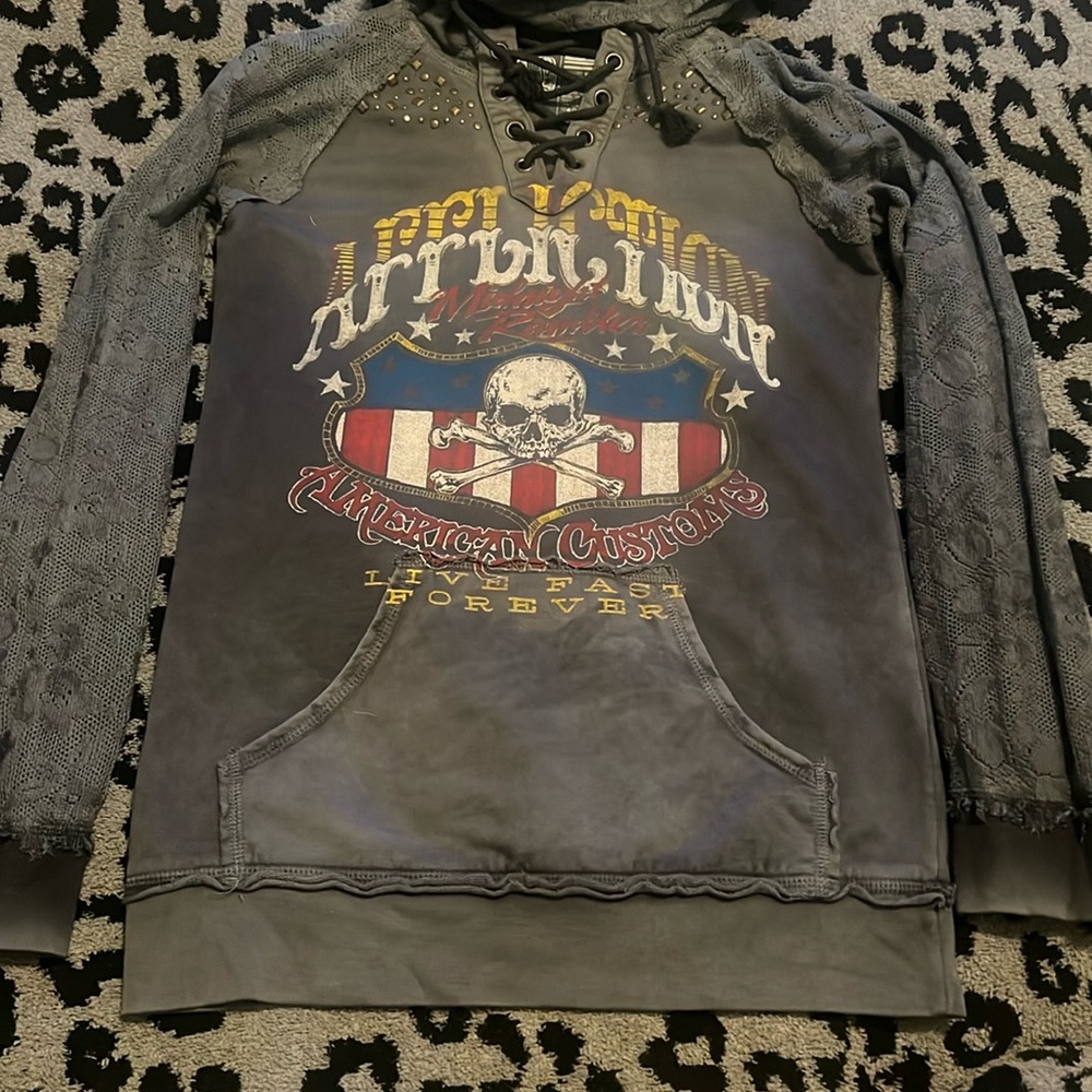 Affliction American Customs lace sleeve hooded pullover